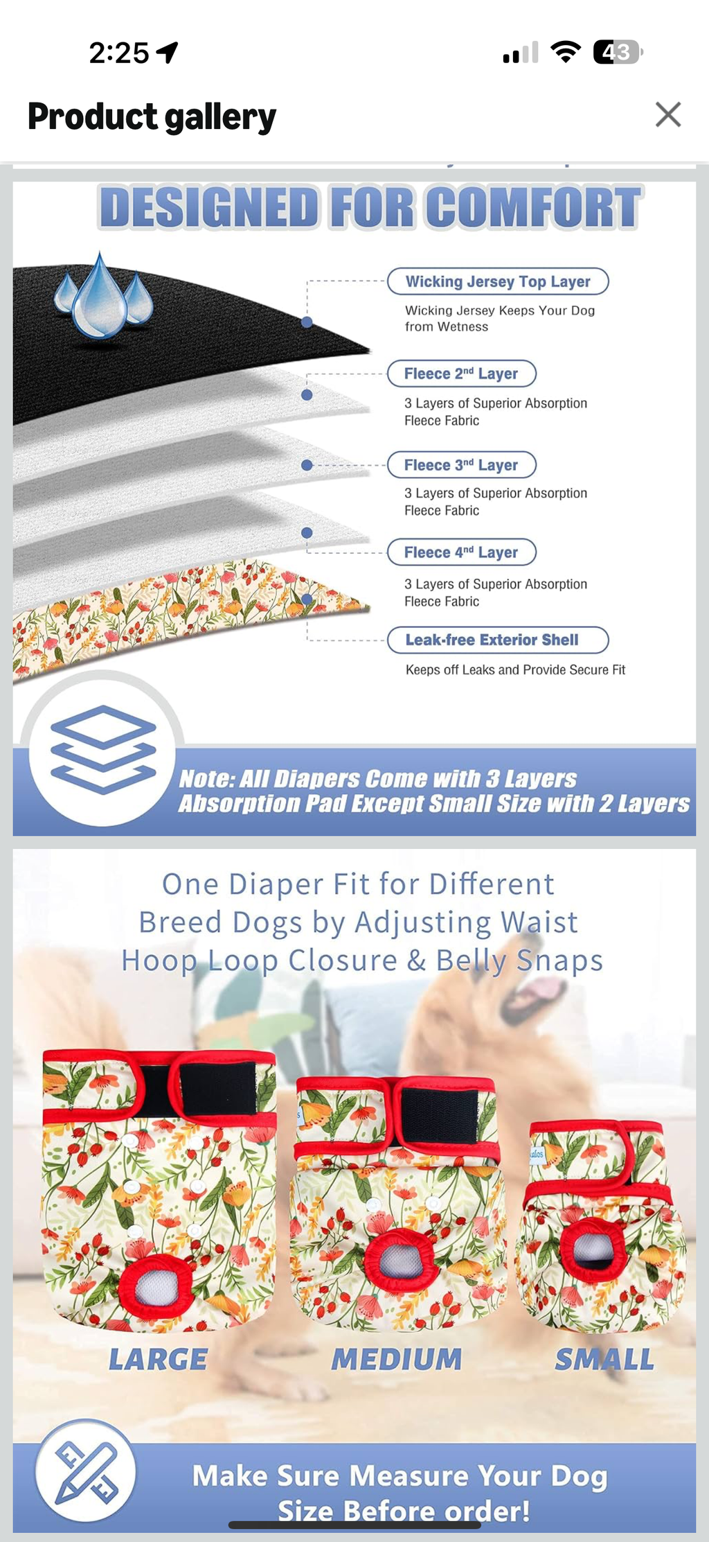 Leekalos 3-Pack Dog Diaper size medium - see photo for sizing