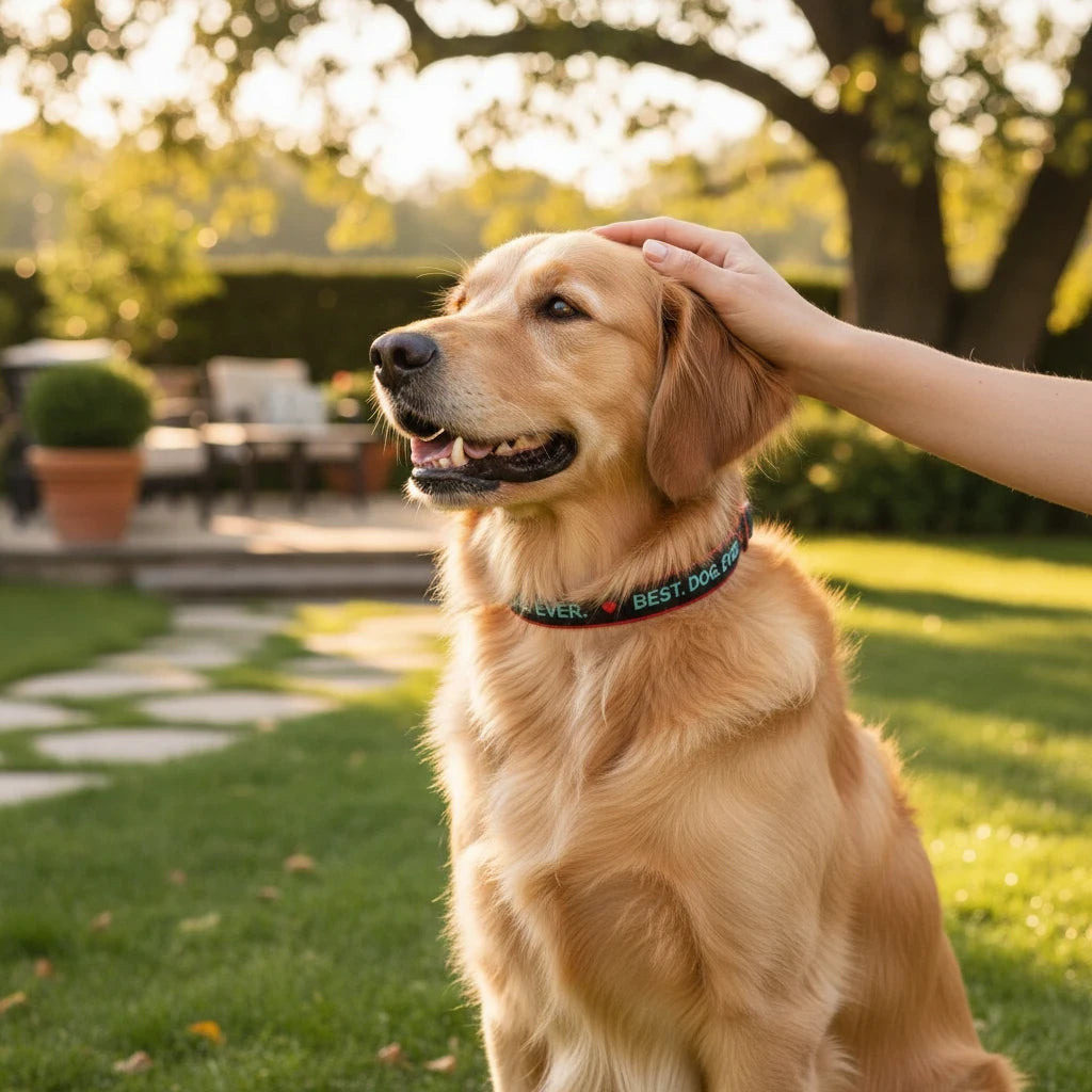 Barking Gardener Best Dog Ever martingale collar on a golden retriever being petted in a sunny backyard