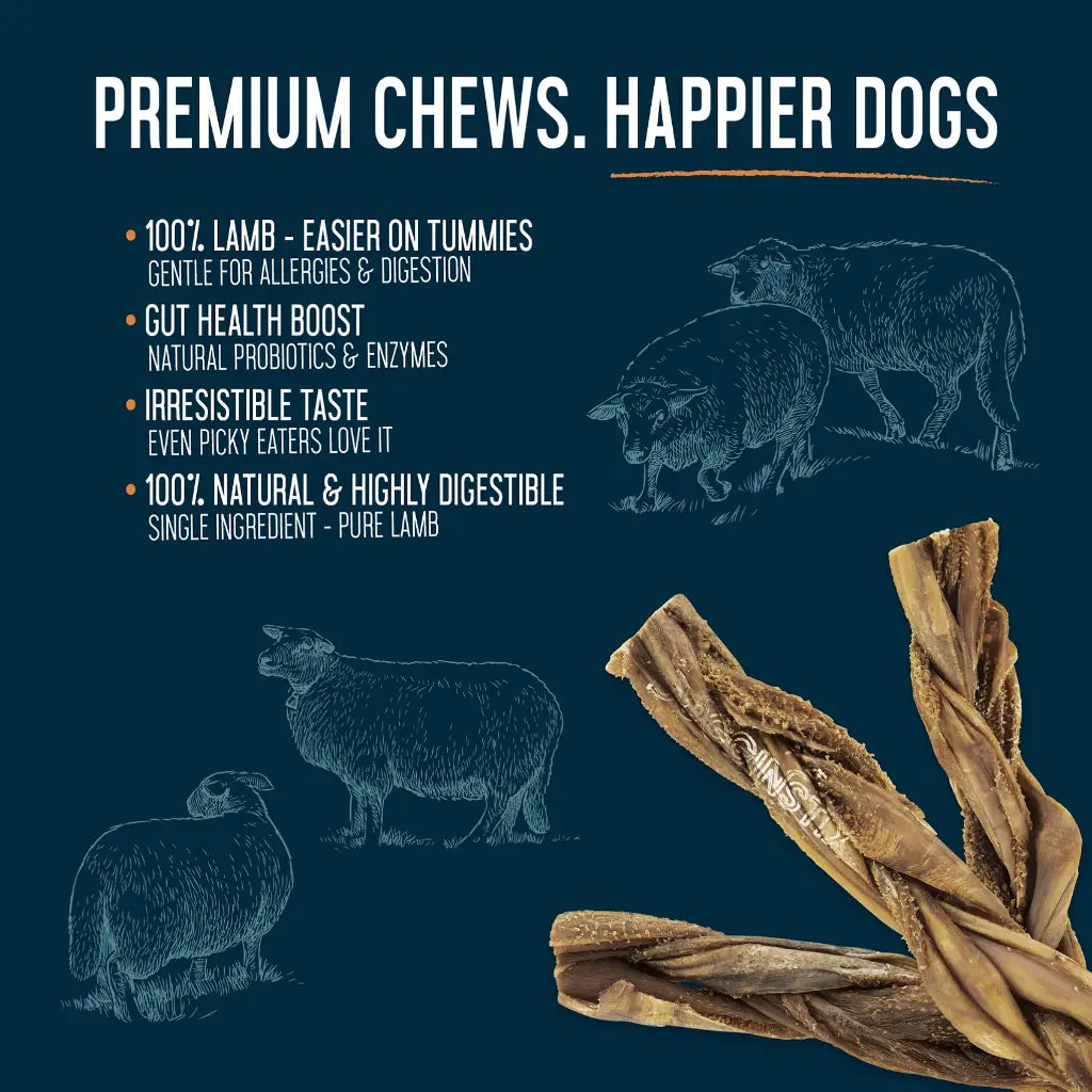 Barking Gardener 12-inch braided lamb tripe dog chew, a natural, single-ingredient, grass-fed treat for gut health.