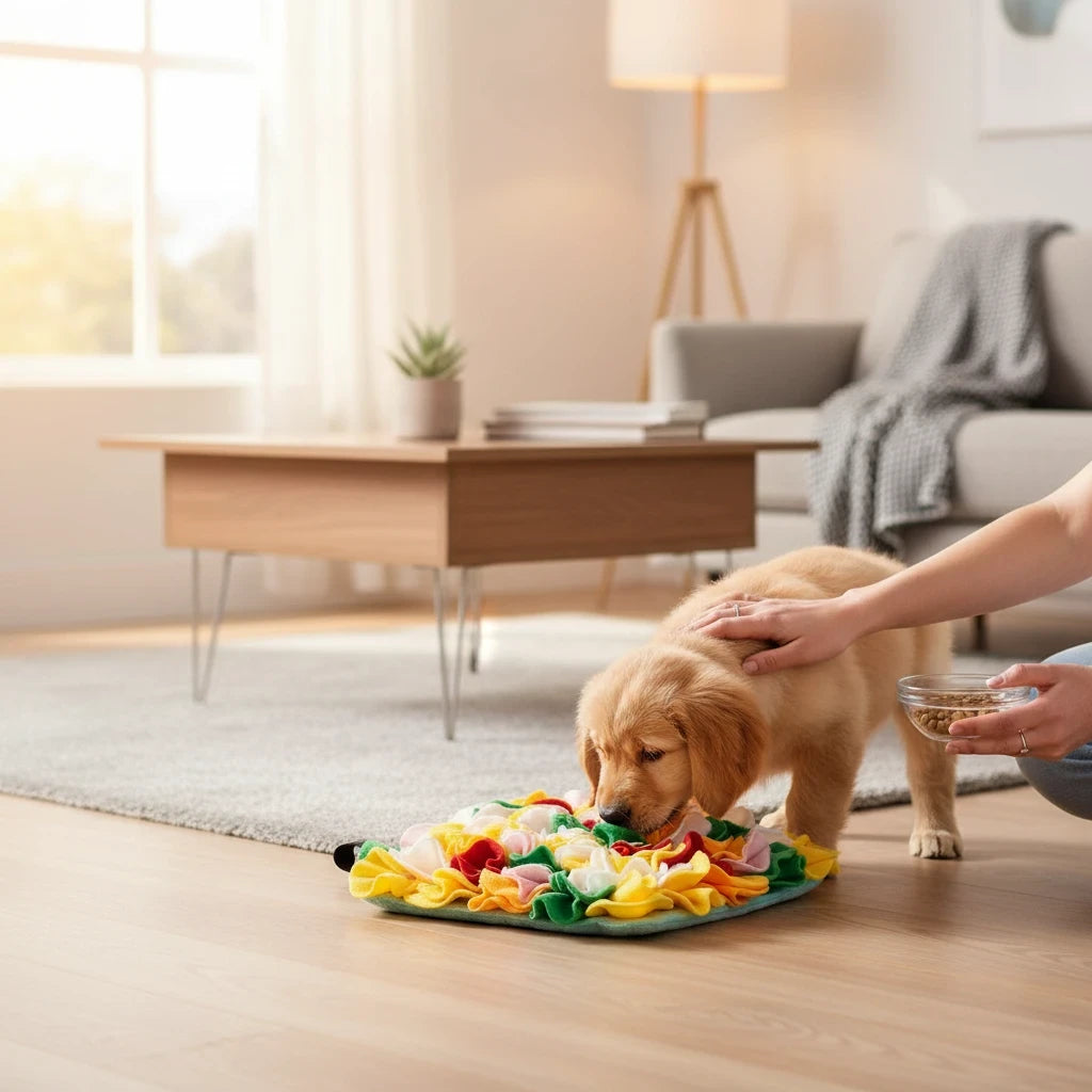Barking Gardener multi-colored felt snuffle mat with a golden retriever puppy foraging for treats in a living room