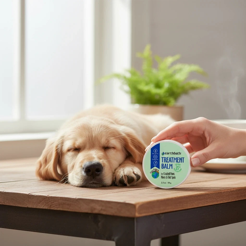 Barking Gardener earthbath treatment balm for dog paws and noses held next to a sleeping golden retriever puppy
