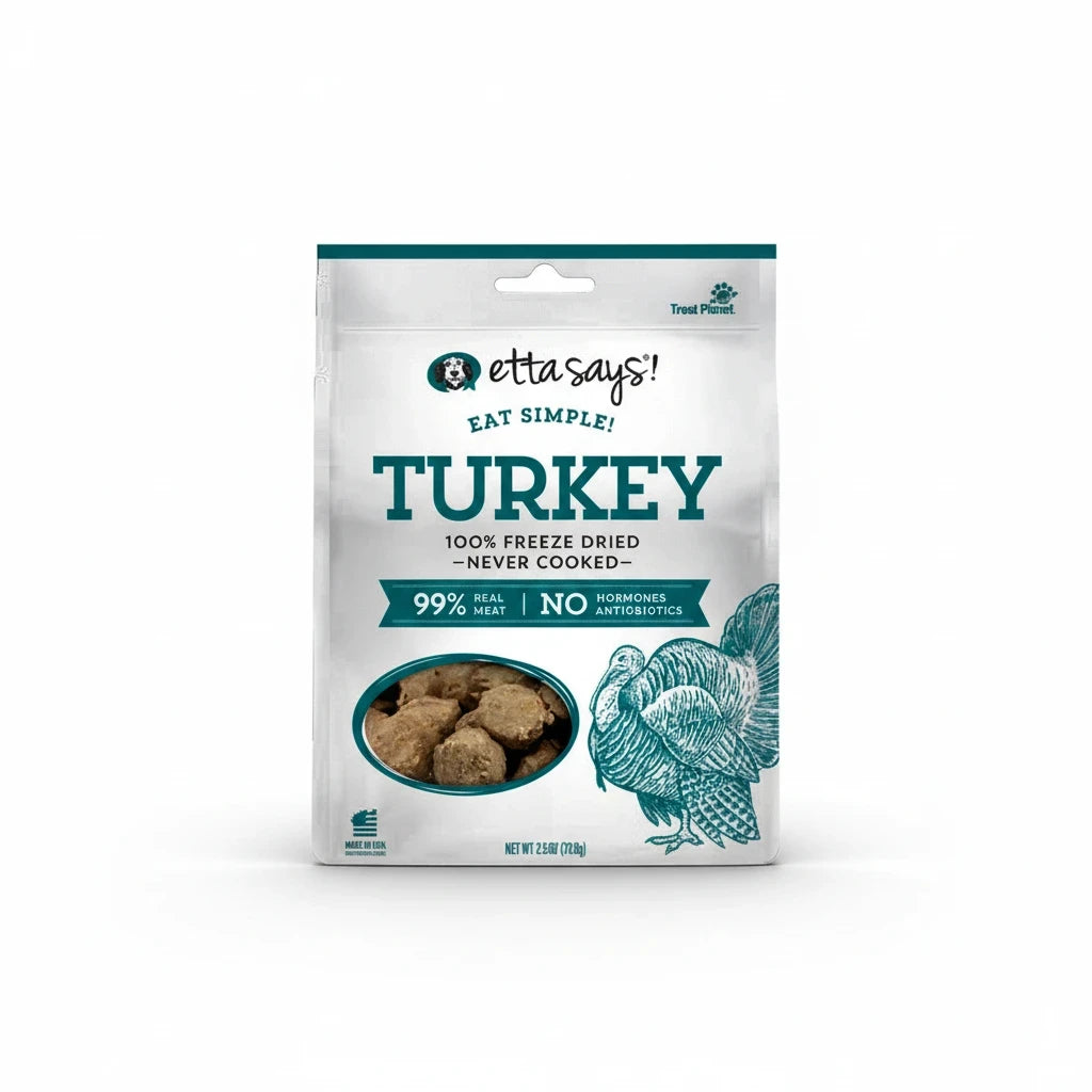 Barking Gardener ETTA SAYS! Eat Simple! freeze-dried turkey dog treats in a 2.5oz pouch with a turkey illustration.
