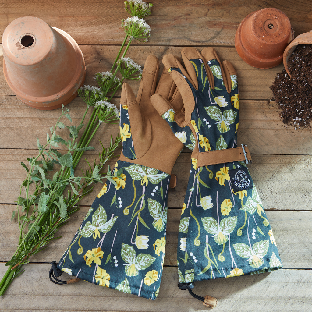 Barking Gardener Arm Saver Gloves with long floral cuffs, synthetic leather palms, and adjustable pull cord closures.