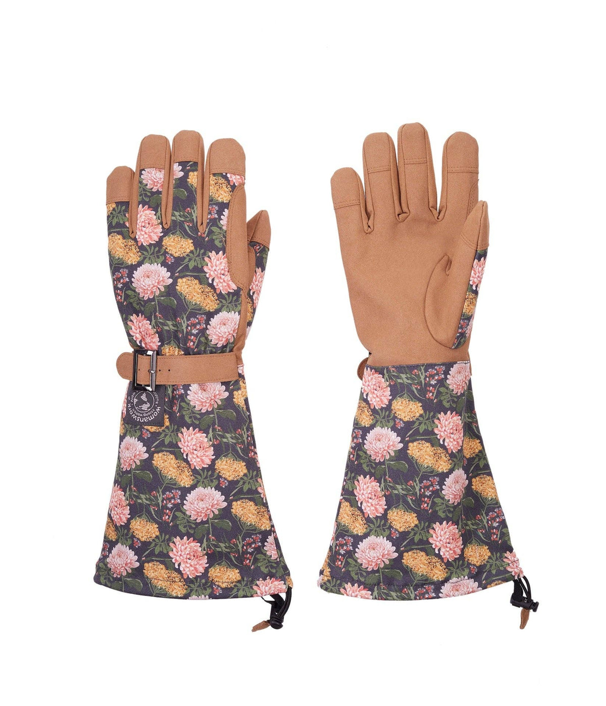 Barking Gardener Arm Saver Gloves with floral print, extra-long cuffs, and durable synthetic leather palms.