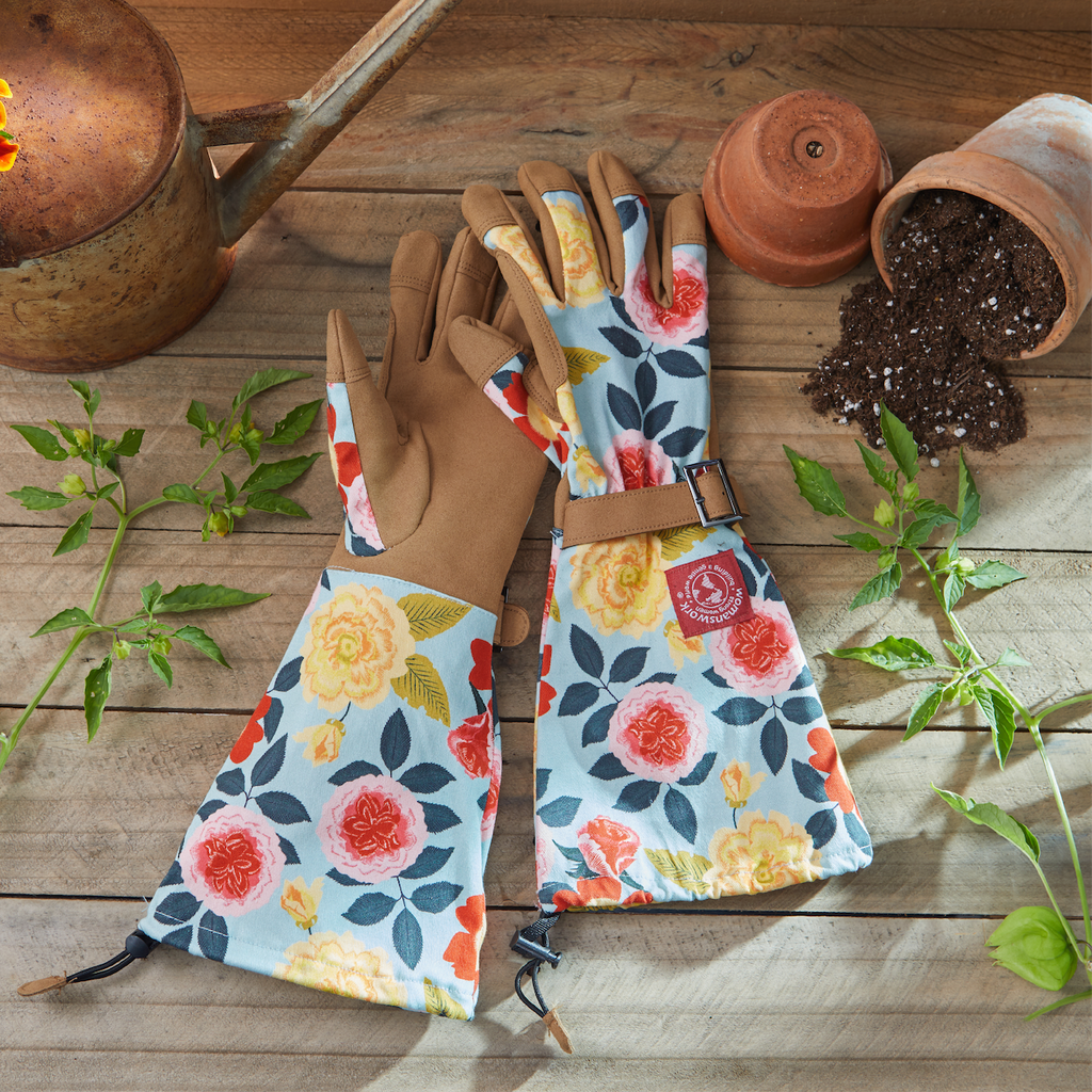 Barking Gardener Arm Saver Gloves with floral print, extra-long cuffs, and durable synthetic leather palms.
