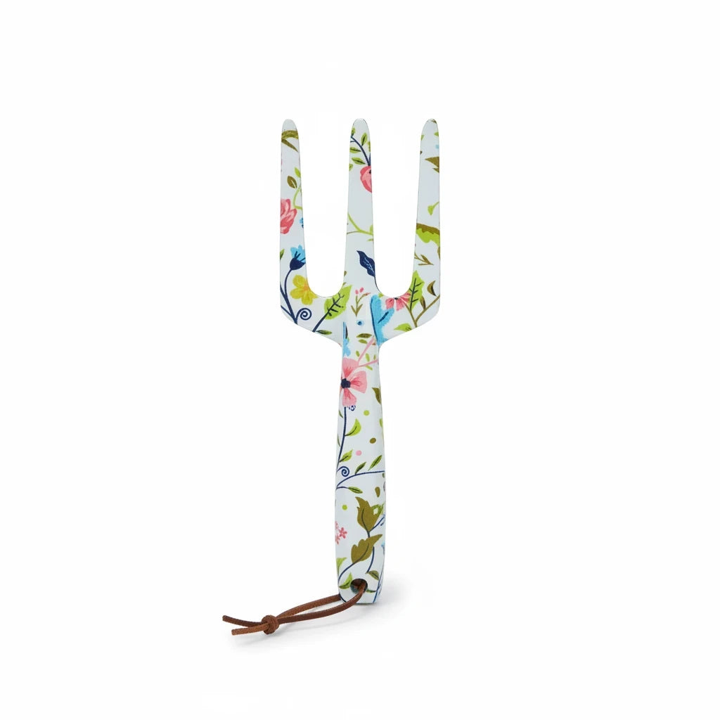 Barking Gardener floral patterned metal hand cultivator garden fork with a rustic leather hanging loop