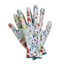 Barking Gardener floral print nitrile gardening gloves with a white base and vibrant botanical meadow pattern