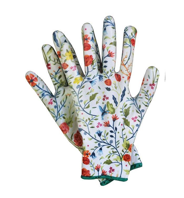 Barking Gardener floral print nitrile gardening gloves with a white base and vibrant botanical meadow pattern