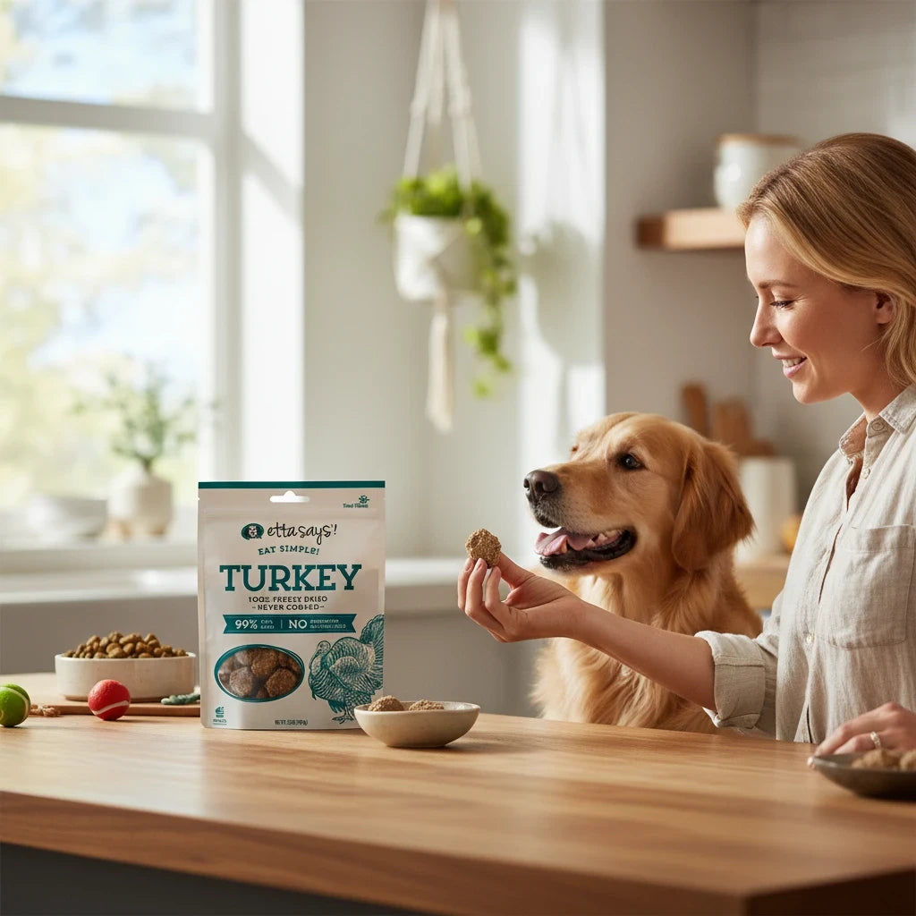 Barking Gardener woman feeding a golden retriever ETTA SAYS! Eat Simple! freeze dried turkey dog treats at a table