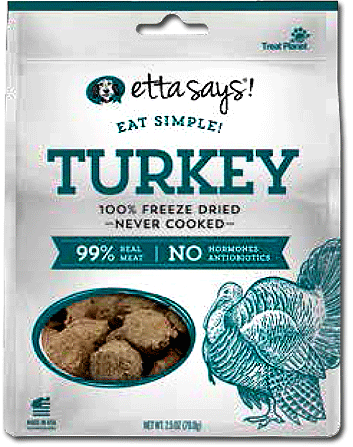 Barking Gardener ETTA SAYS! Eat Simple! freeze-dried turkey dog treats in a 2.5oz resealable pouch.