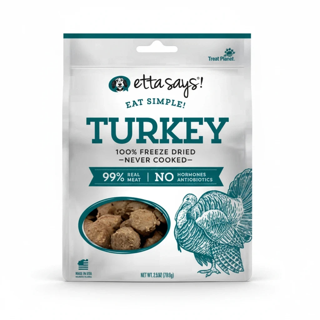 Barking Gardener ETTA SAYS! freeze dried turkey dog treats in a 2.5oz pouch with a clear window showing the meat.