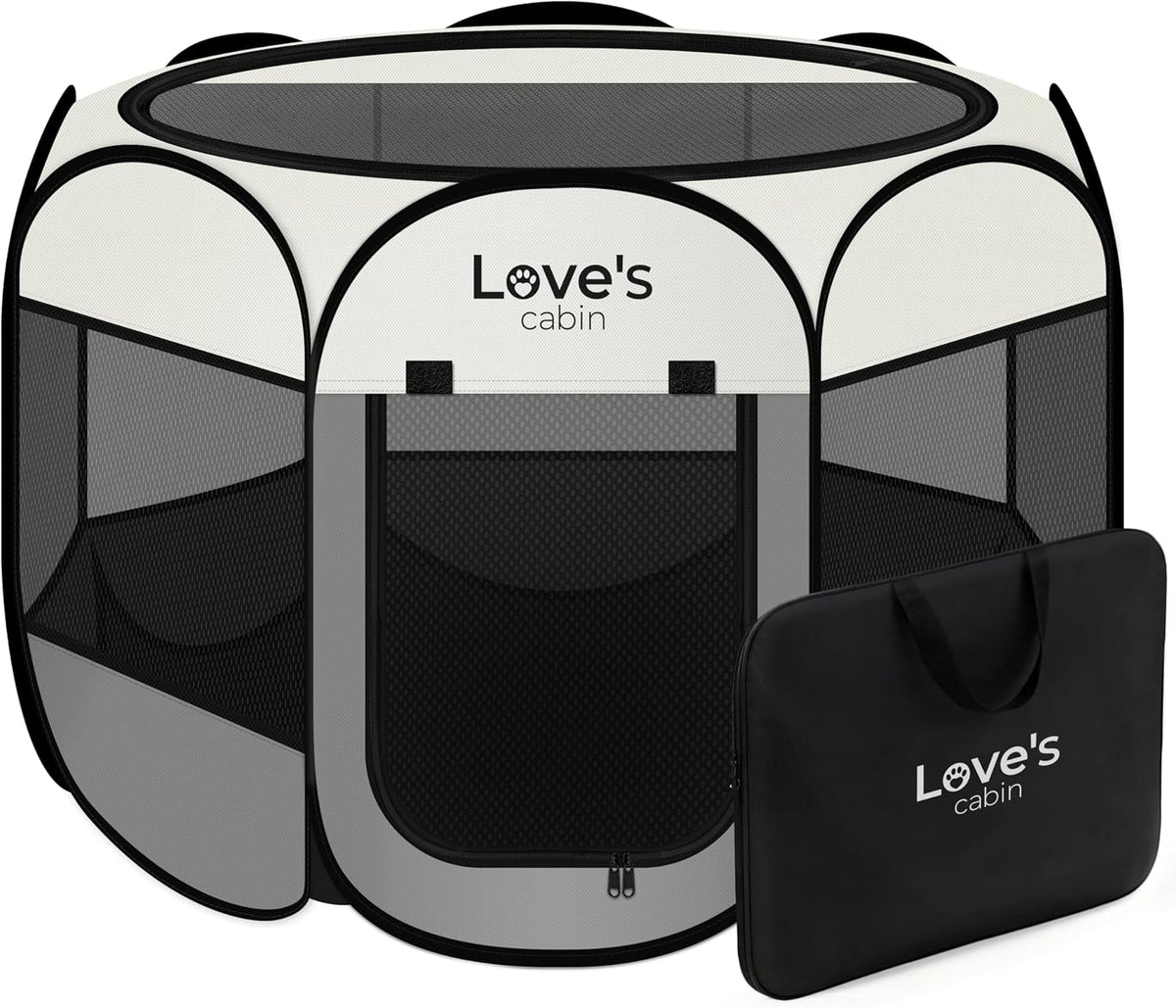 Barking Gardener Love's cabin grey portable pet playpen with mesh windows and a matching black carrying case