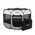 Barking Gardener Love's cabin grey foldable pet playpen with mesh windows and a matching black carrying case