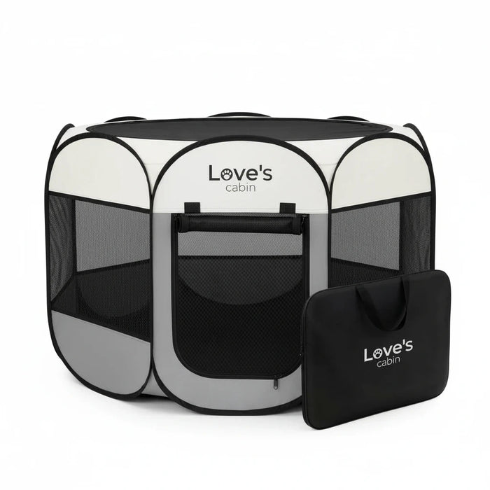 Barking Gardener Love's cabin grey foldable pet playpen with mesh windows and a matching black carrying case
