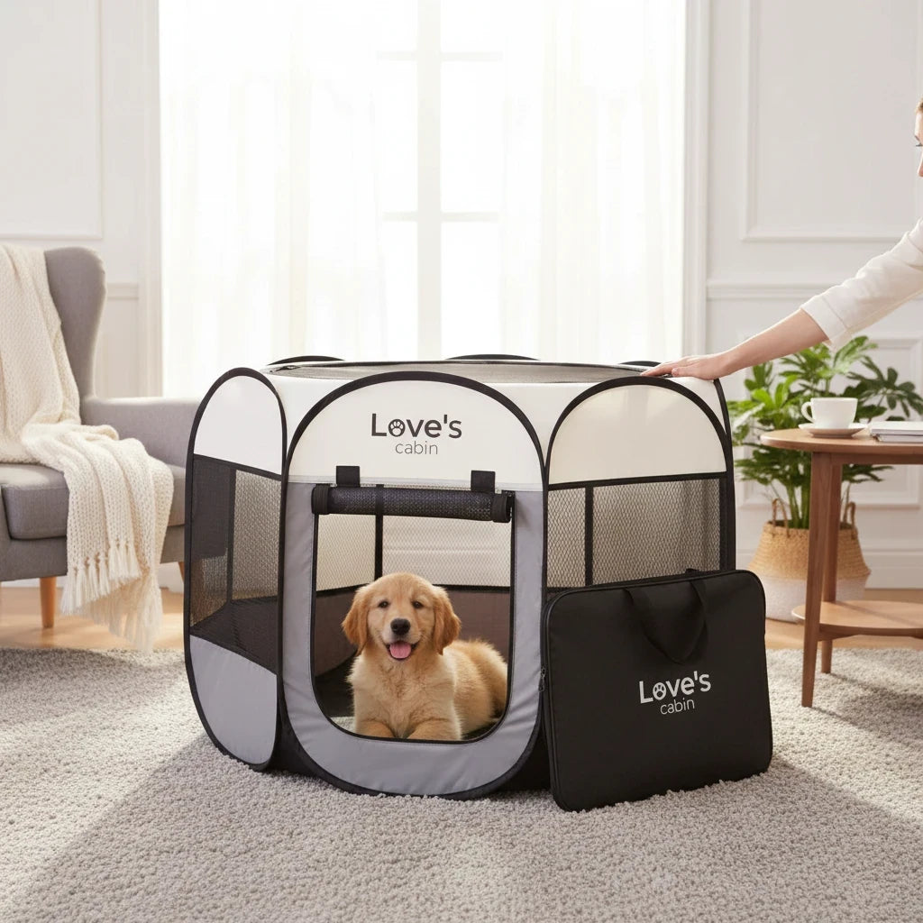 Barking Gardener grey portable pet playpen with a golden retriever puppy inside, featuring mesh sides and zipper top