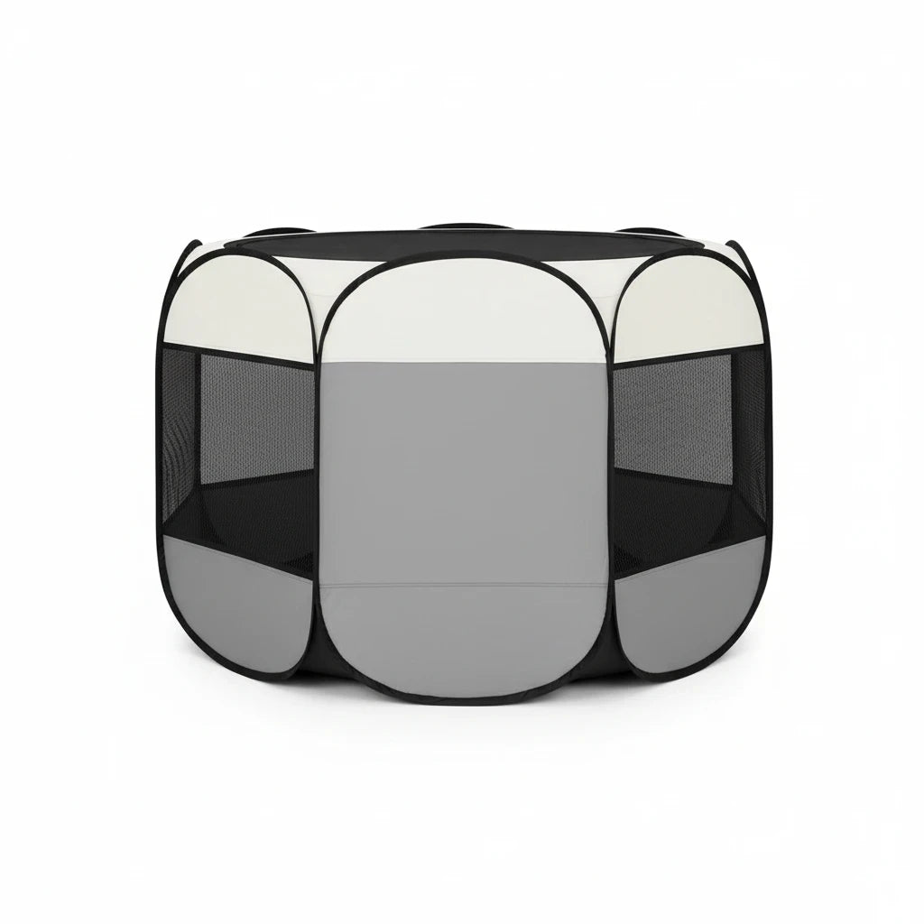 Barking Gardener grey and white foldable pet playpen with mesh windows for indoor or outdoor use