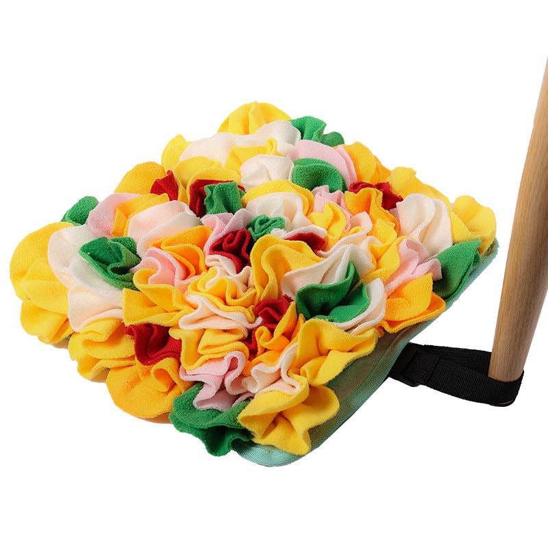 Barking Gardener multi-colored felt snuffle mat for dogs, designed for interactive treat foraging and mental stimulation.