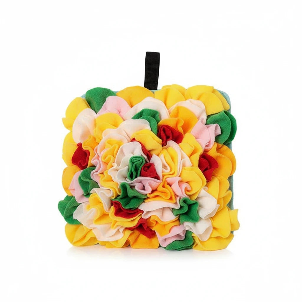 Barking Gardener square snuffle mat with vibrant yellow, green, pink, and red felt layers for dog foraging puzzles.