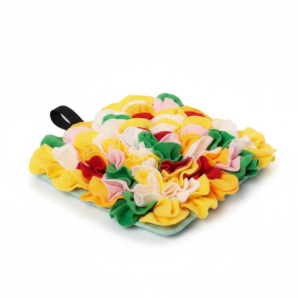 Barking Gardener rectangular snuffle mat with vibrant yellow, green, red, and pink felt layers for dog foraging