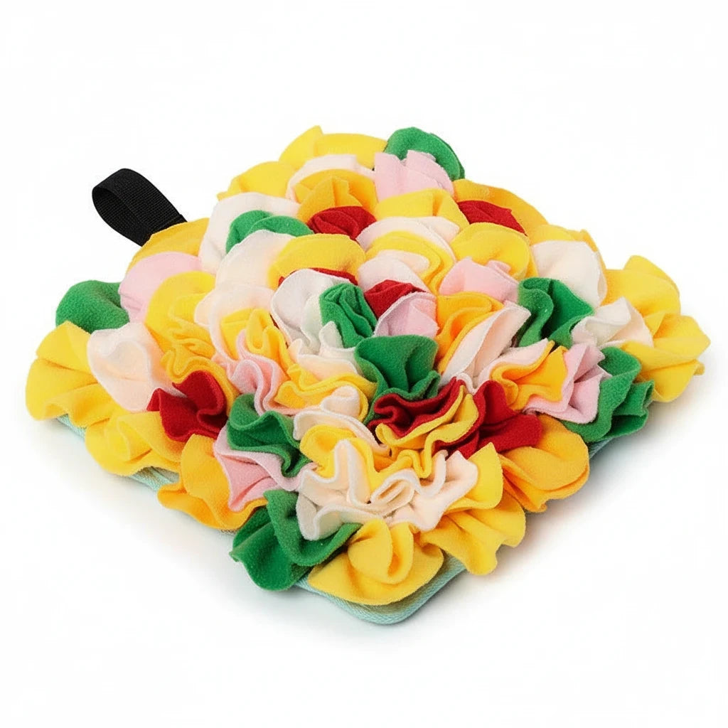 Barking Gardener interactive felt snuffle mat for dogs in vibrant yellow, green, red, and pink for treat foraging.