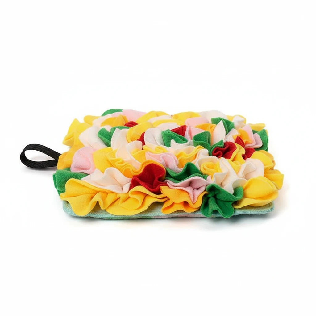 Barking Gardener rectangular snuffle mat with vibrant multi-colored felt layers for interactive dog foraging play
