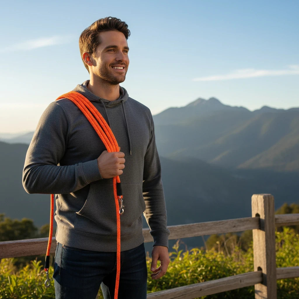 Barking Gardener Mendota Pro-Trainer 30-foot orange polypropylene dog training long line held by a man outdoors