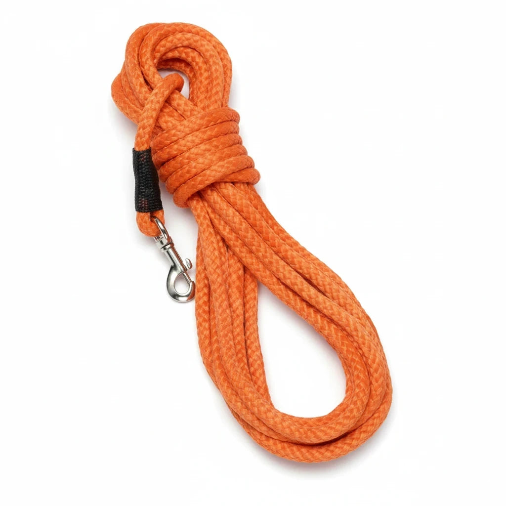 Barking Gardener MENDOTA 30-foot orange polypropylene dog training long line with a durable metal snap hook.