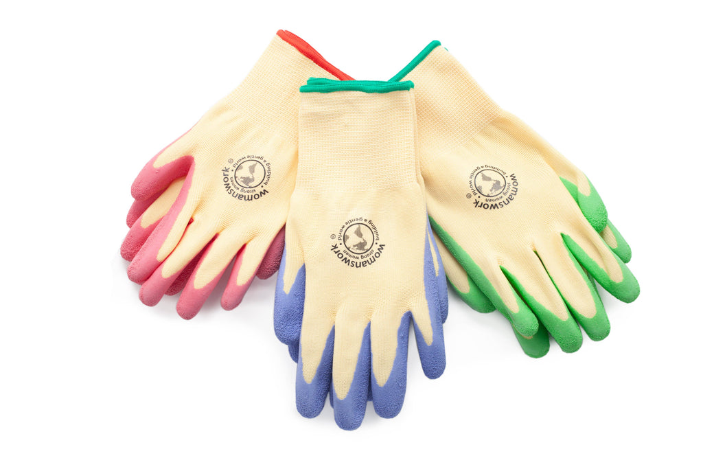 Barking Gardener Womanswork protective gardening gloves in pink, blue, and green with textured grip palms