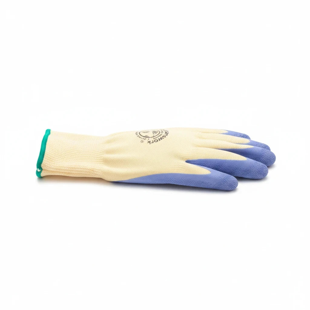 Barking Gardener Womanswork protective gardening gloves with cream knit back and blue textured palm coating