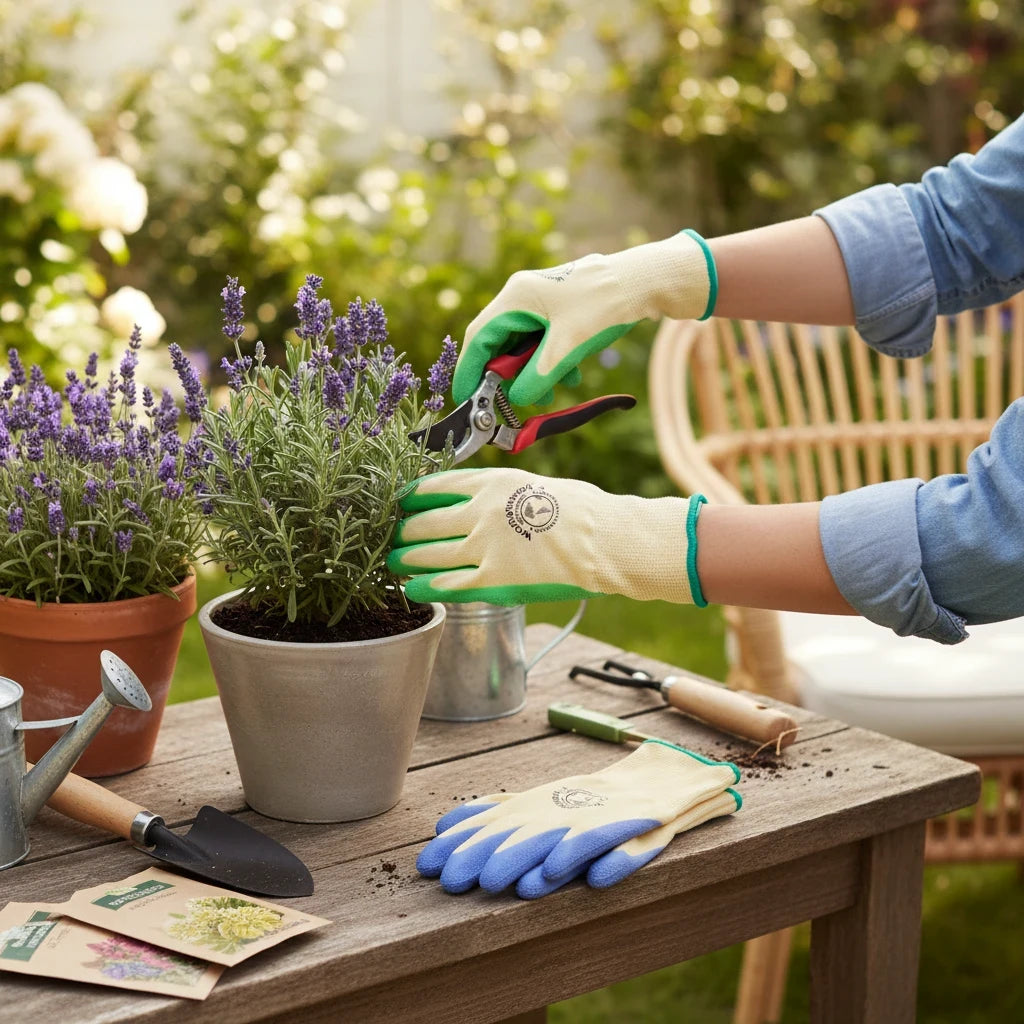 Barking Gardener Womanswork protective gardening gloves in cream and green, worn while pruning lavender in a garden.