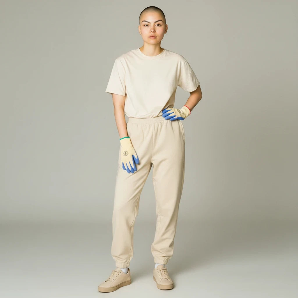A model wearing Barking Gardener womanswork protective gardening gloves with blue palms and beige knit backs.