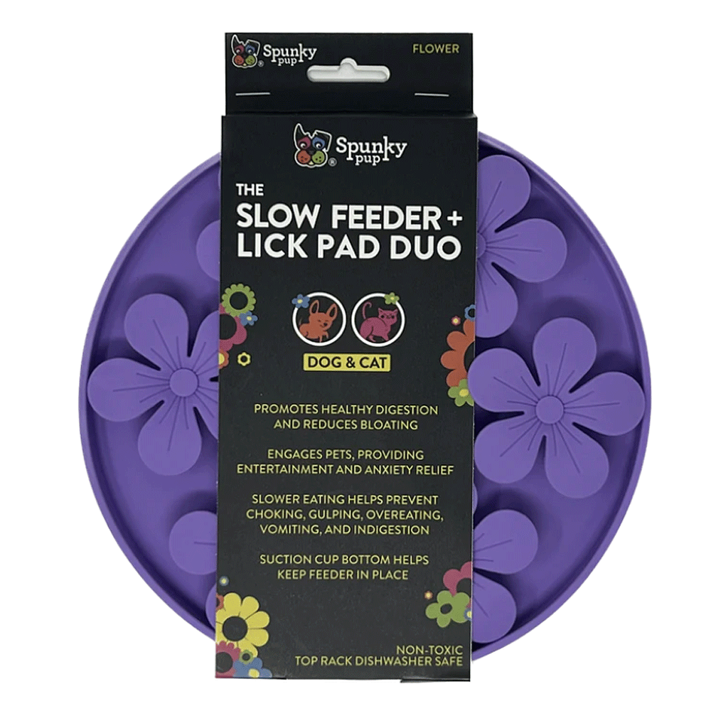 Barking Gardener purple flower-shaped slow feeder and lick pad for dogs and cats in retail packaging