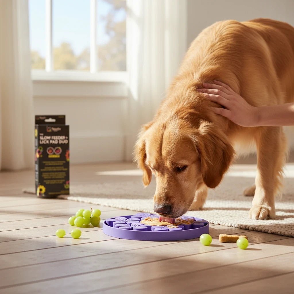 Barking Gardener Spunky Pup purple flower slow feeder and lick pad being used by a golden retriever on a rug