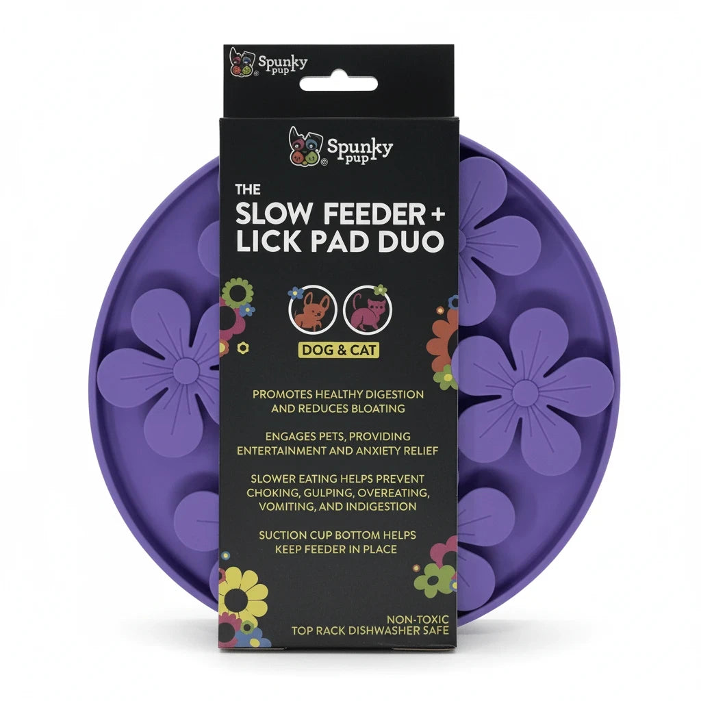 Barking Gardener purple flower-shaped slow feeder and lick pad for dogs and cats with suction cup base
