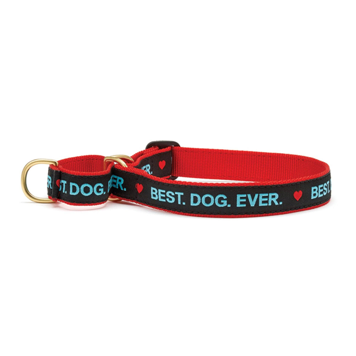 Barking Gardener Best Dog Ever martingale collar in red and black nylon with gold hardware and heart accents