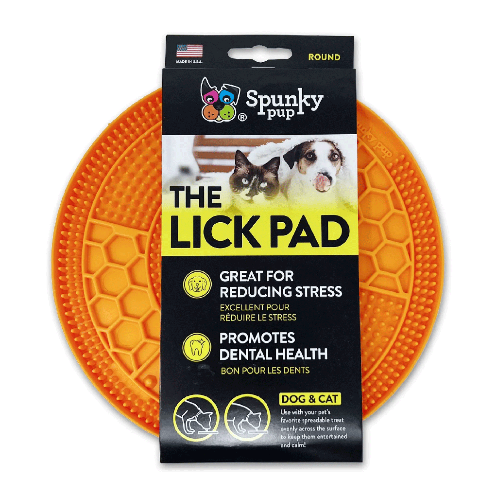 Barking Gardener round orange TPR rubber lick pad for dogs and cats to reduce stress and promote dental health