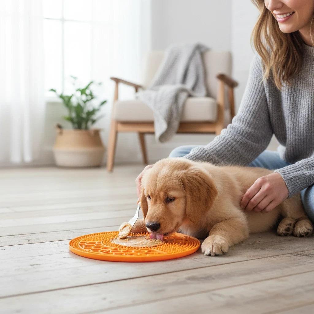 Barking Gardener round orange TPR rubber lick pad with textured surface being used by a puppy in a bright room
