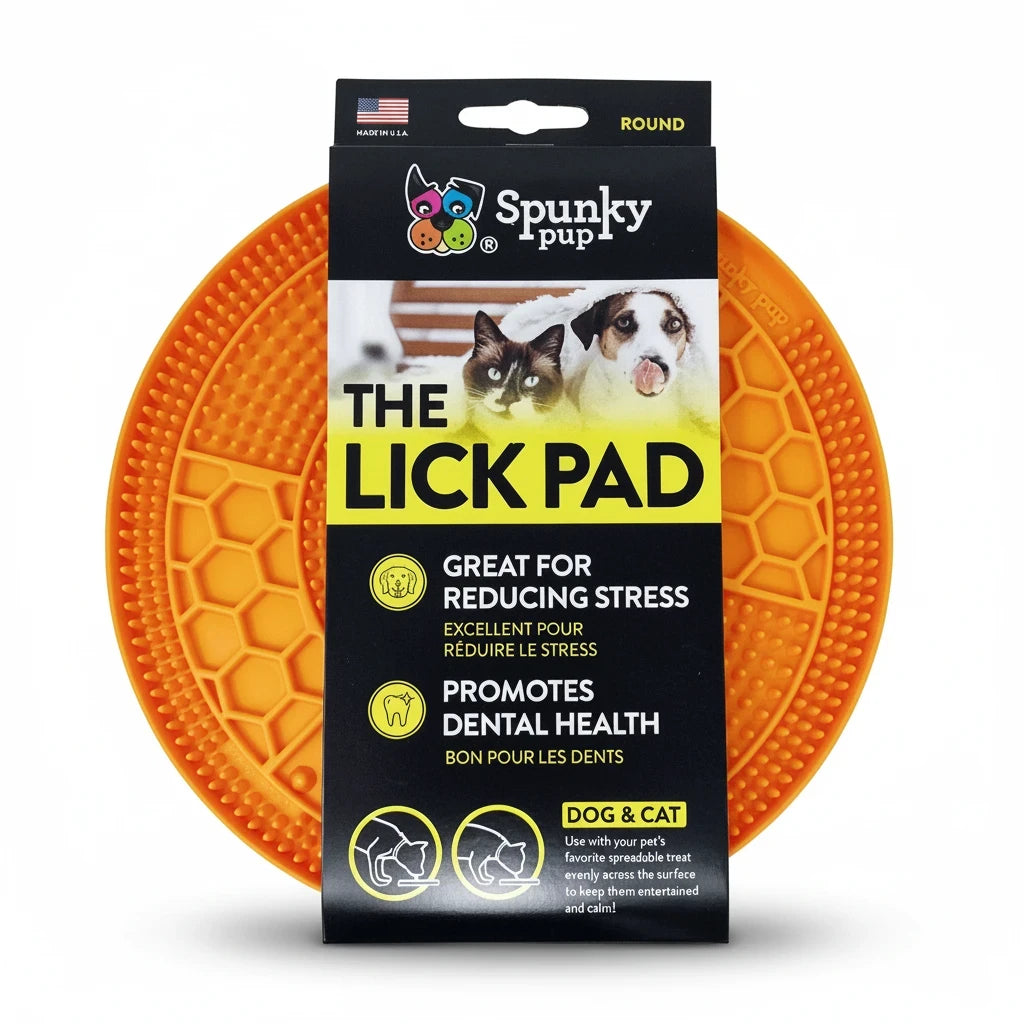 Barking Gardener Spunky Pup round orange TPR rubber lick pad for dogs and cats in retail packaging