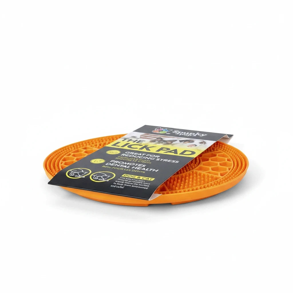 Barking Gardener Spunky Pup round orange TPR rubber lick pad for stress relief and dental health