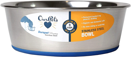 Barking Gardener OURPETS Durapet stainless steel dog bowl with a non-slip blue rubber base and product label
