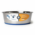 Barking Gardener OURPETS Durapet 2-quart stainless steel dog bowl with a non-slip blue rubber base.