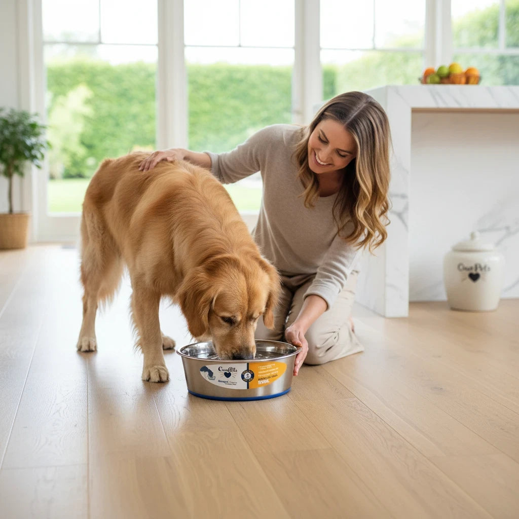 Barking Gardener OURPETS Durapet stainless steel dog bowl with non-slip rubber base being used by a golden retriever
