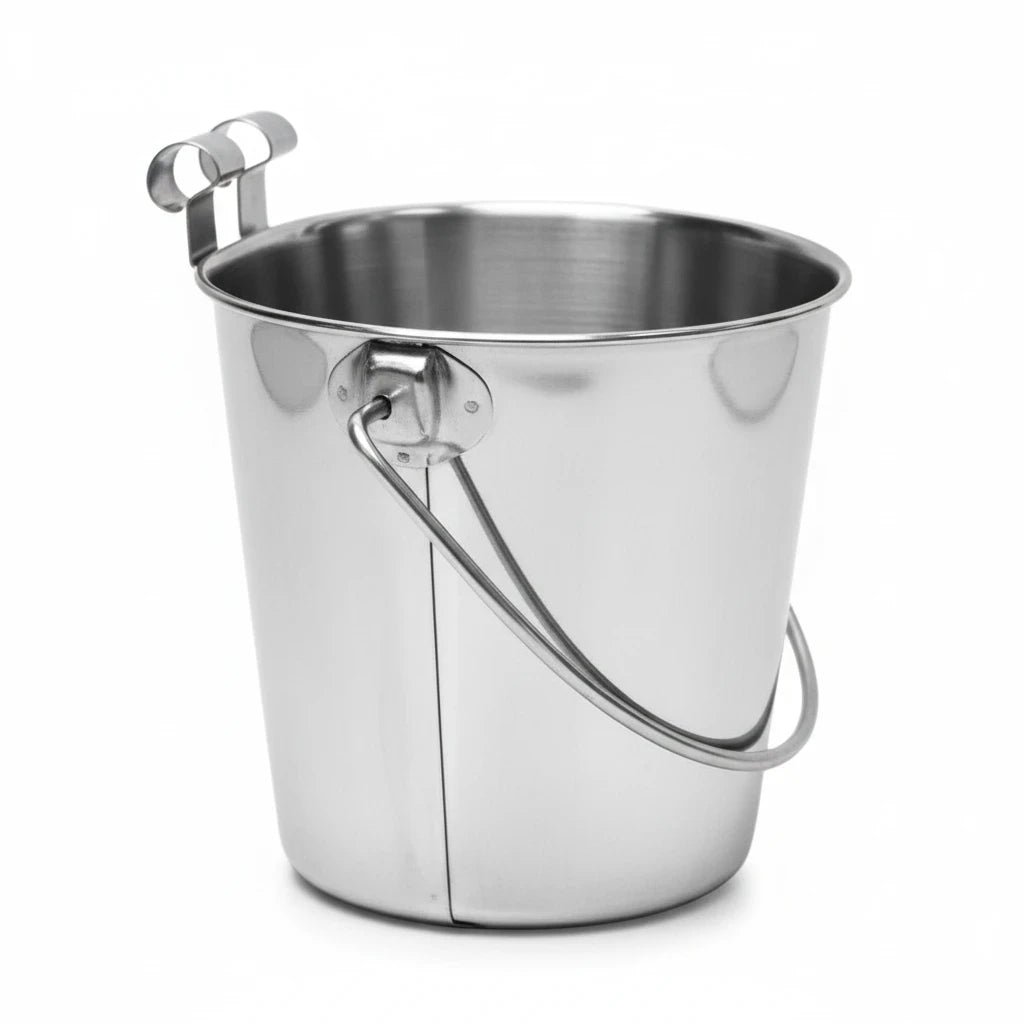 Barking Gardener stainless steel flat sided pail with hooks for attaching to kennel cages or fences