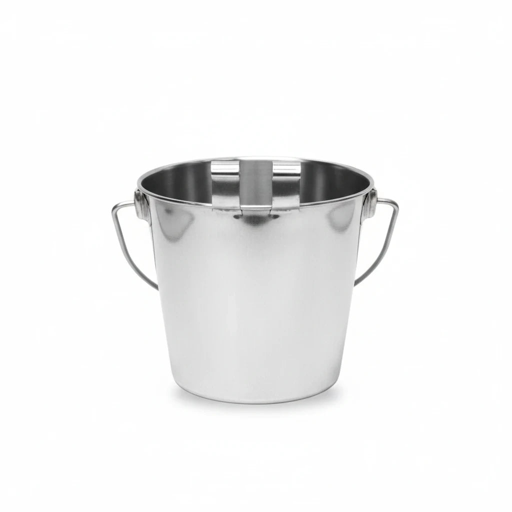 Barking Gardener stainless steel flat sided pail with hooks for attaching to kennel cages and fences