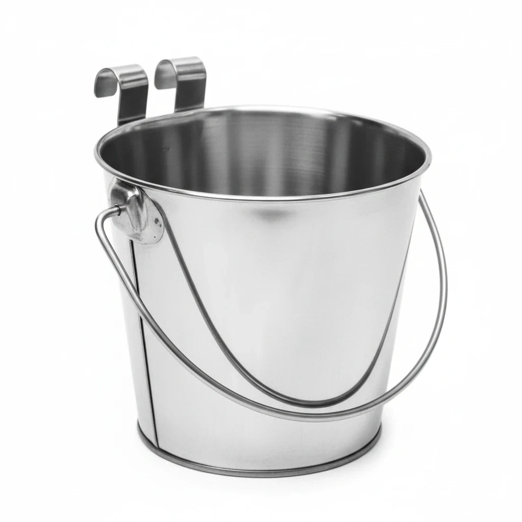 Barking Gardener stainless steel flat sided pail with hanging hooks for kennel or cage attachment