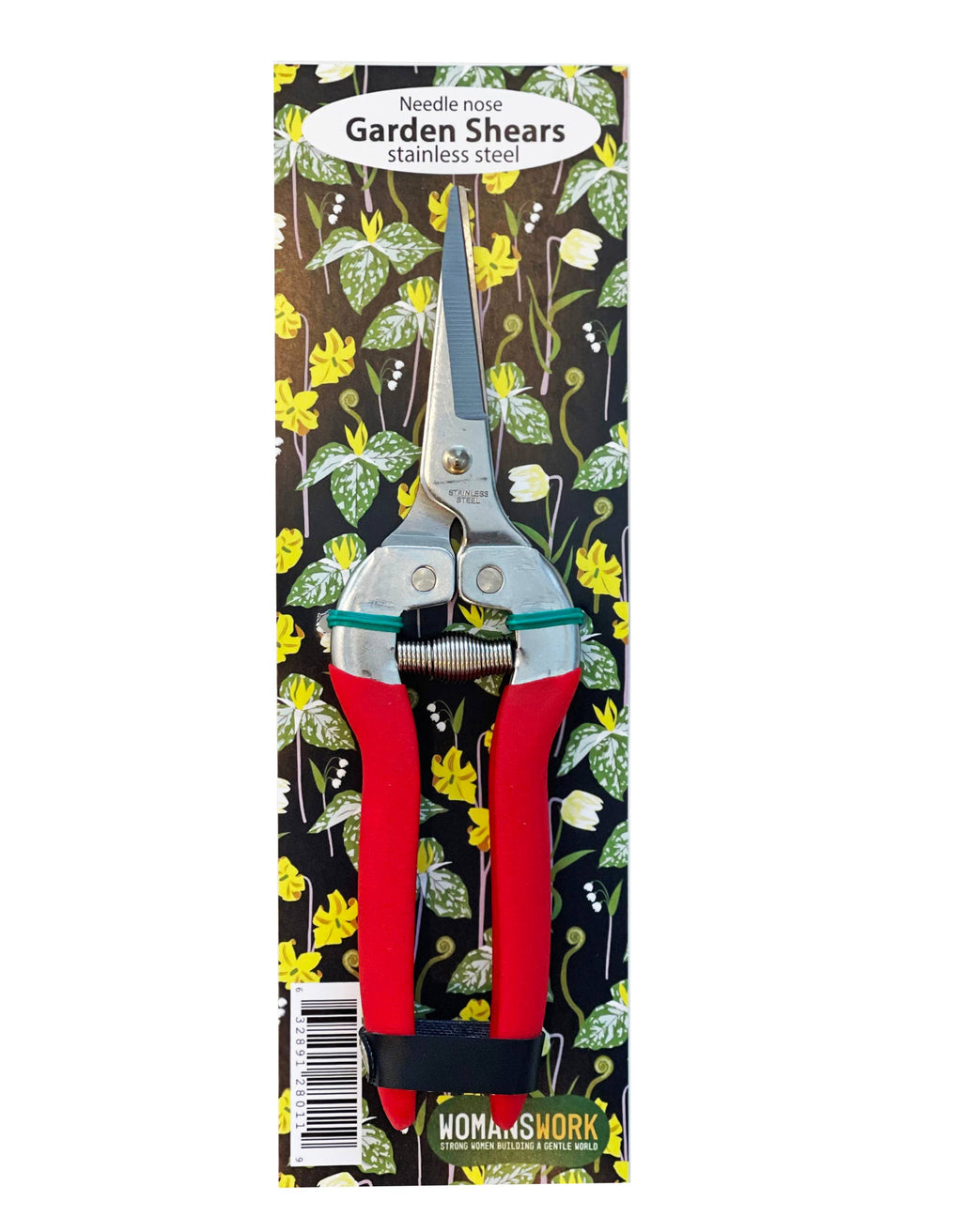 Barking Gardener stainless steel needle nose garden shears with red handles on a floral print backing card