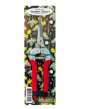 Barking Gardener stainless steel needle nose garden shears with red handles on a floral print backing card