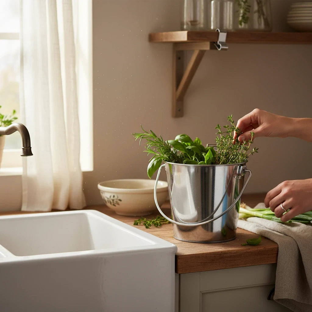 Barking Gardener stainless steel flat sided pail filled with fresh herbs on a kitchen counter