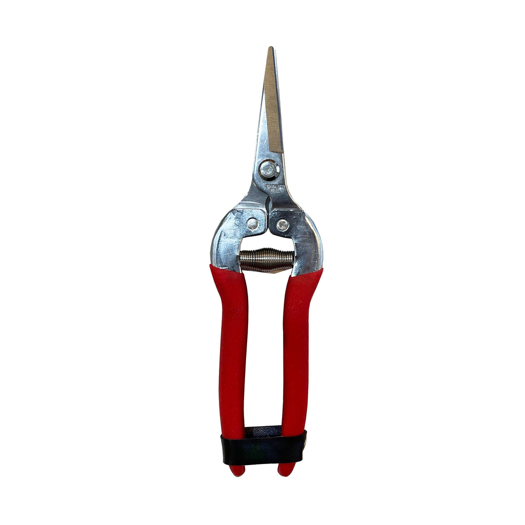 Barking Gardener compact pruning shears with stainless steel needle nose blades and red handles on white background