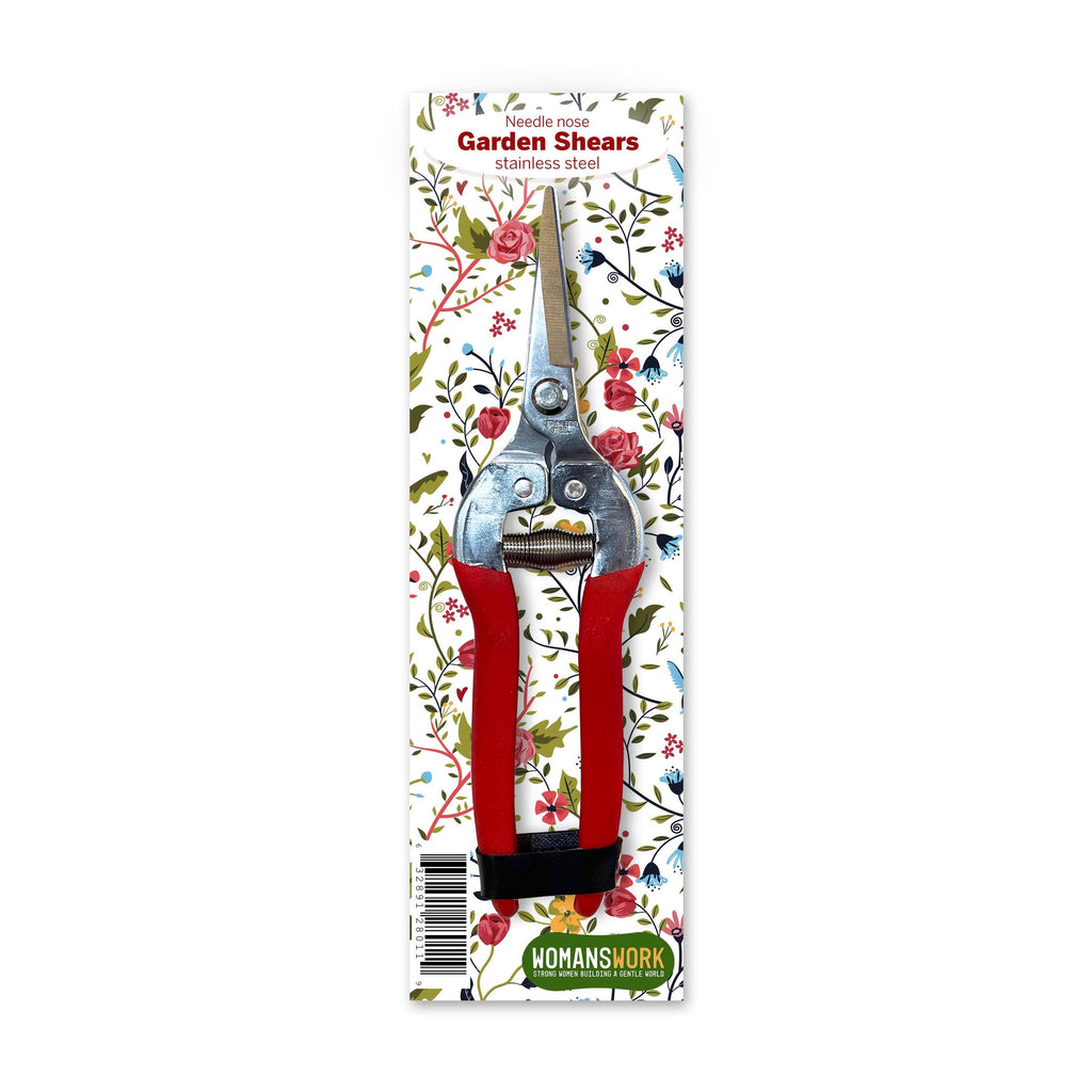 Barking Gardener stainless steel compact pruning shears with red handles and needle nose blades on floral packaging.